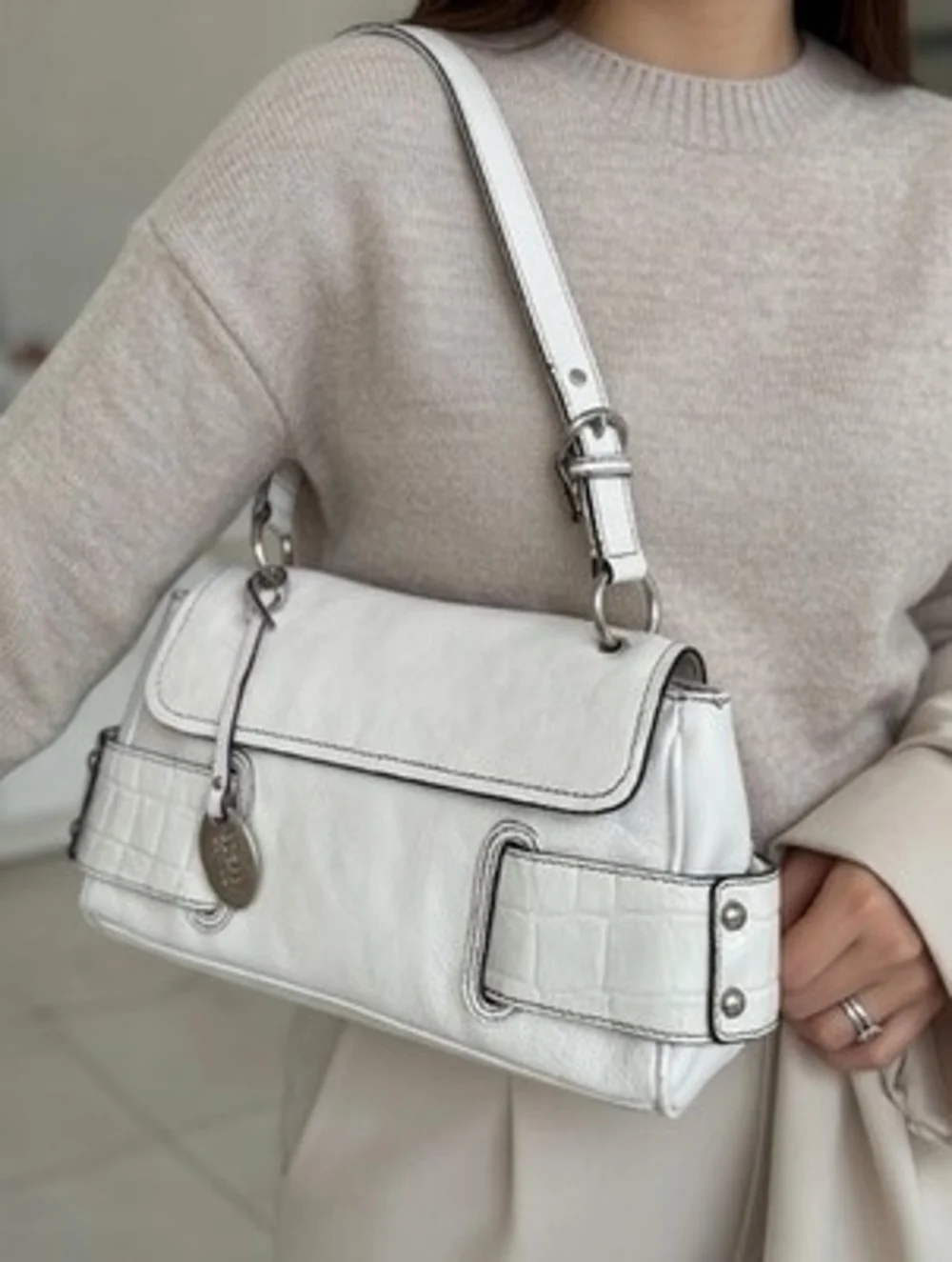 Vintage Franco Sarto White Leather Shoulder Bag Faux Croc Trim Y2K 10